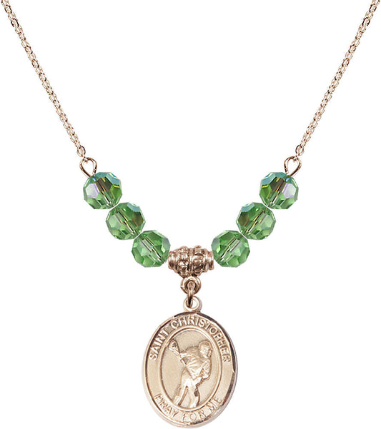 14kt Gold Filled Saint Christopher/Lacrosse Birthstone Necklace with Peridot Beads - 8516