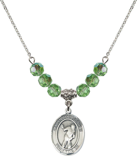 Sterling Silver Saint Christopher/Lacrosse Birthstone Necklace with Peridot Beads - 8516