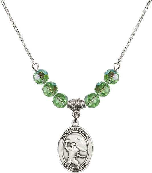Sterling Silver Saint Sebastian / Football Birthstone Necklace with Peridot Beads - 8601