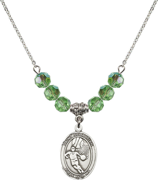 Sterling Silver Saint Sebastian/Basketball Birthstone Necklace with Peridot Beads - 8602