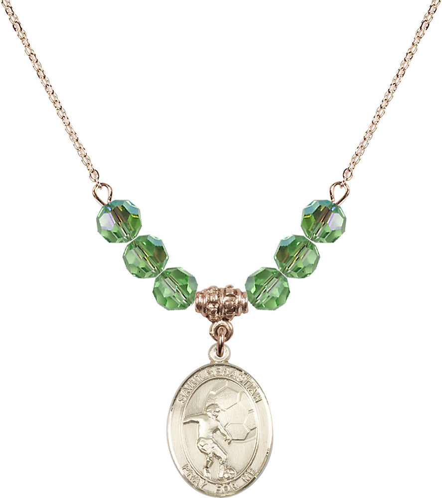 14kt Gold Filled Saint Sebastian / Soccer Birthstone Necklace with Peridot Beads - 8603