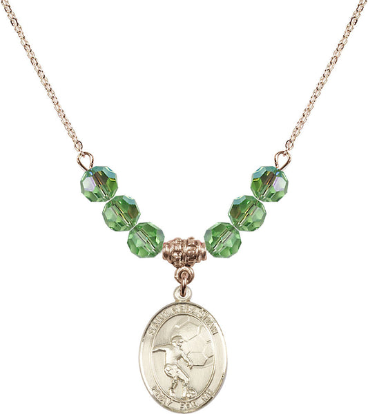 14kt Gold Filled Saint Sebastian / Soccer Birthstone Necklace with Peridot Beads - 8603