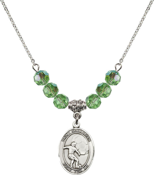 Sterling Silver Saint Sebastian / Soccer Birthstone Necklace with Peridot Beads - 8603