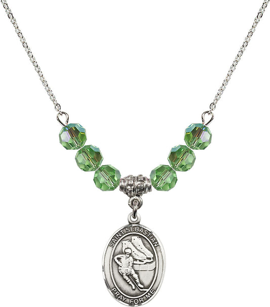 Sterling Silver Saint Sebastian / Hockey Birthstone Necklace with Peridot Beads - 8604