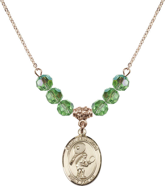 14kt Gold Filled Saint Sebastian / Tennis Birthstone Necklace with Peridot Beads - 8605