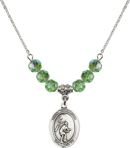 Sterling Silver Saint Sebastian / Tennis Birthstone Necklace with Peridot Beads - 8605