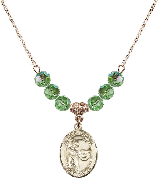 14kt Gold Filled Saint Sebastian / Golf Birthstone Necklace with Peridot Beads - 8606