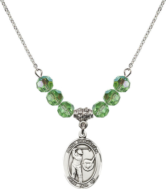 Sterling Silver Saint Sebastian / Golf Birthstone Necklace with Peridot Beads - 8606