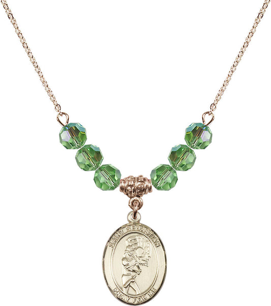 14kt Gold Filled Saint Sebastian/Softball Birthstone Necklace with Peridot Beads - 8607