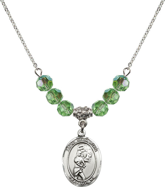 Sterling Silver Saint Sebastian/Softball Birthstone Necklace with Peridot Beads - 8607