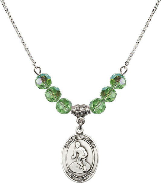 Sterling Silver Saint Sebastian/Wrestling Birthstone Necklace with Peridot Beads - 8608