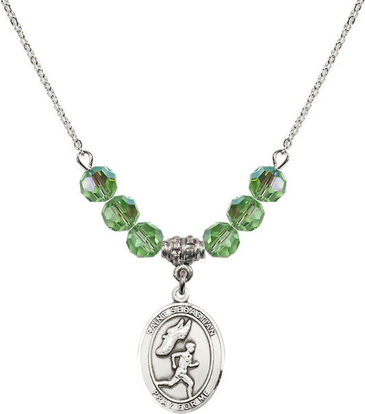 Sterling Silver Saint Sebastian /Track&Field-Men Birthstone Necklace with Peridot Beads - 8609