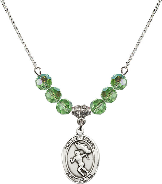 Sterling Silver Saint Sebastian /Track&Field-Women Birthstone Necklace with Peridot Beads - 8610