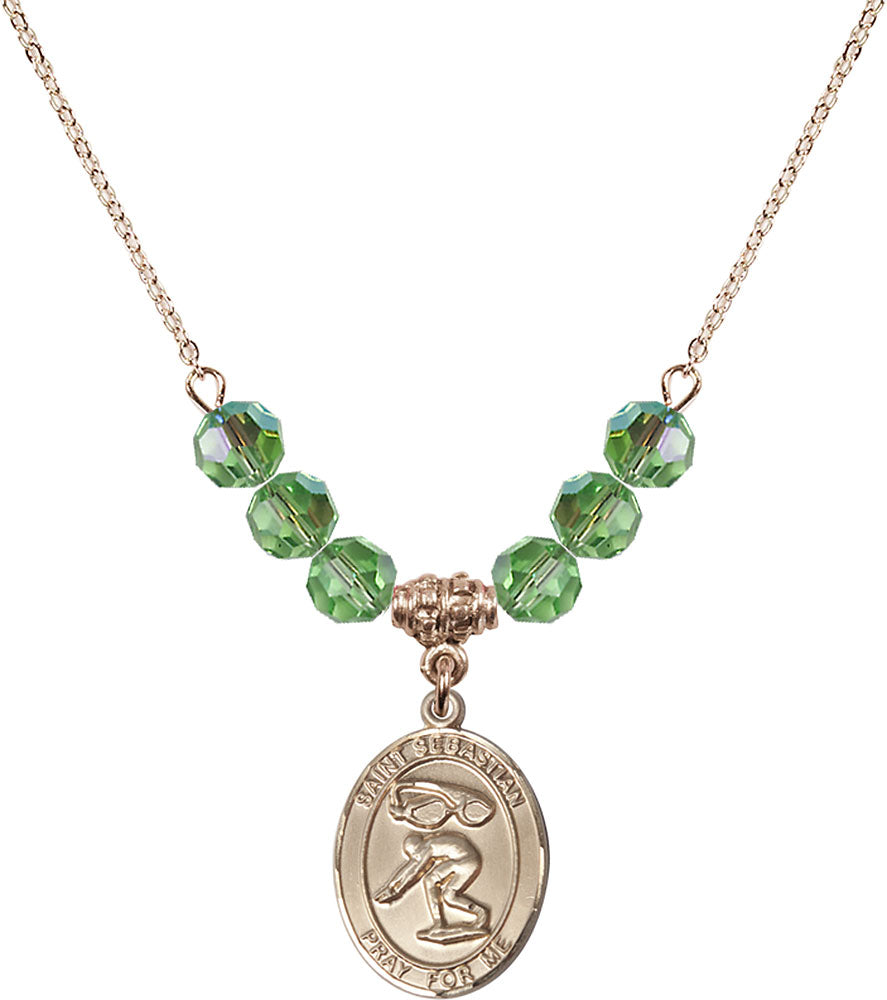 14kt Gold Filled Saint Sebastian/Swimming Birthstone Necklace with Peridot Beads - 8611