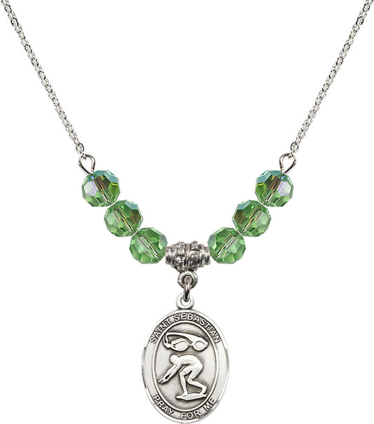 Sterling Silver Saint Sebastian/Swimming Birthstone Necklace with Peridot Beads - 8611