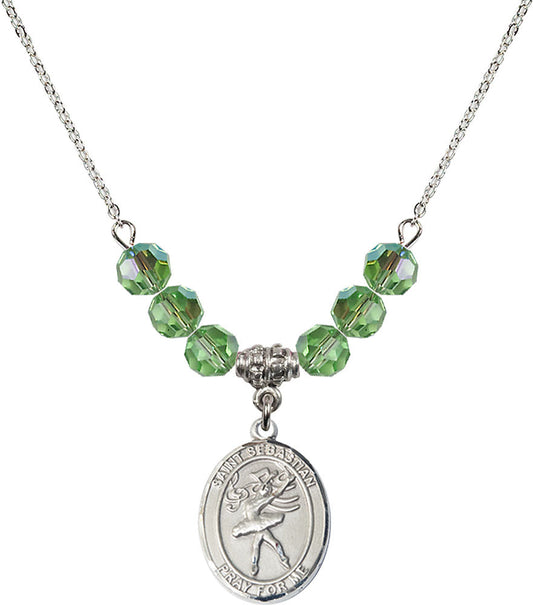 Sterling Silver Saint Sebastian / Dance Birthstone Necklace with Peridot Beads - 8612