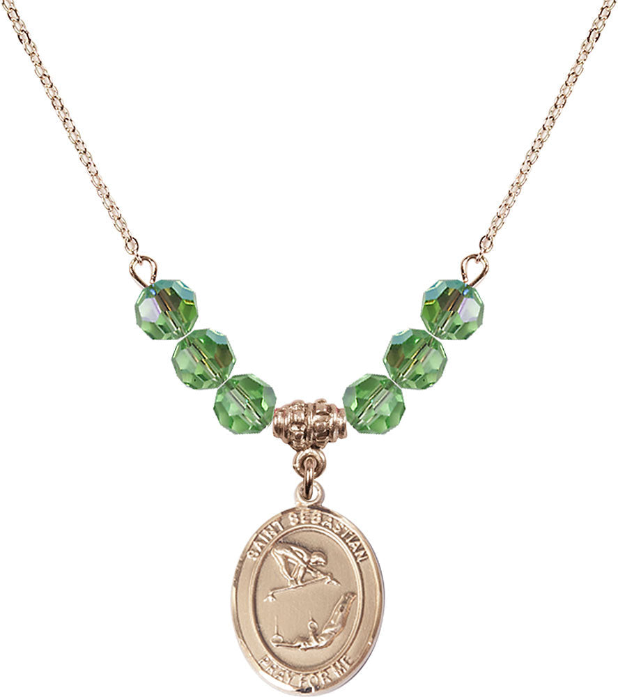 14kt Gold Filled Saint Sebastian/Gymnastics Birthstone Necklace with Peridot Beads - 8613