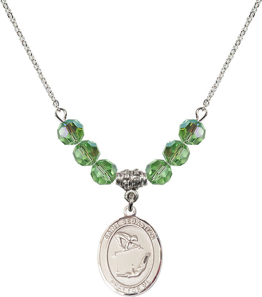 Sterling Silver Saint Sebastian/Gymnastics Birthstone Necklace with Peridot Beads - 8613