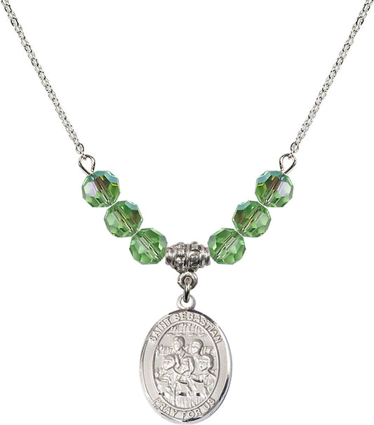 Sterling Silver Saint Sebastian / Choir Birthstone Necklace with Peridot Beads - 8614