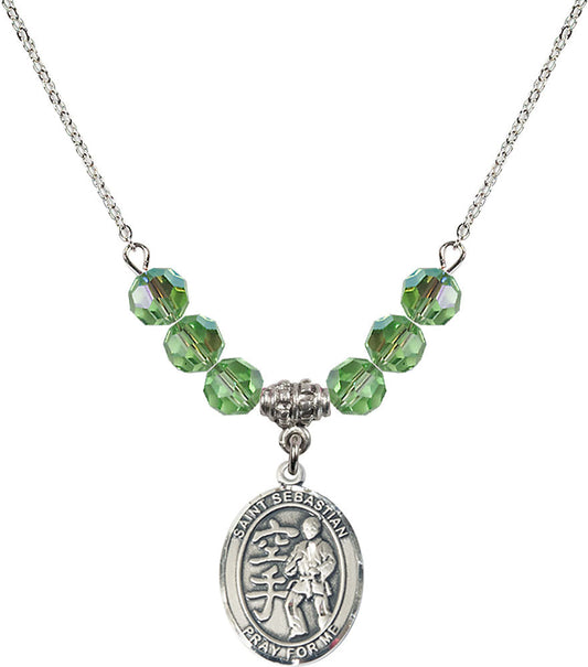 Sterling Silver Saint Sebastian/Karate Birthstone Necklace with Peridot Beads - 8615