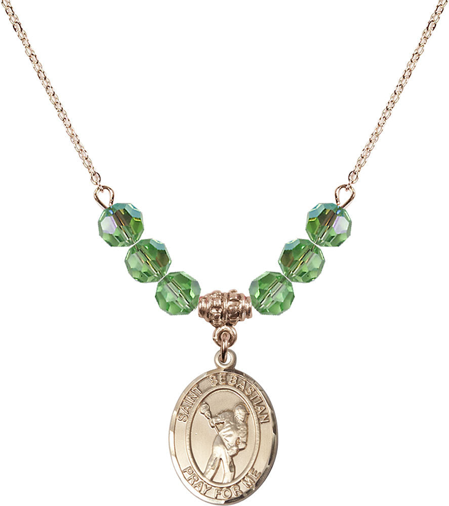14kt Gold Filled Saint Sebastian/Lacrosse Birthstone Necklace with Peridot Beads - 8616