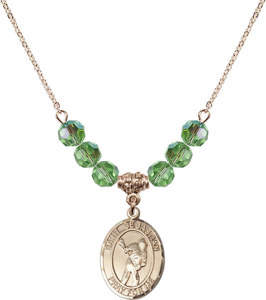 14kt Gold Filled Saint Sebastian/Lacrosse Birthstone Necklace with Peridot Beads - 8616