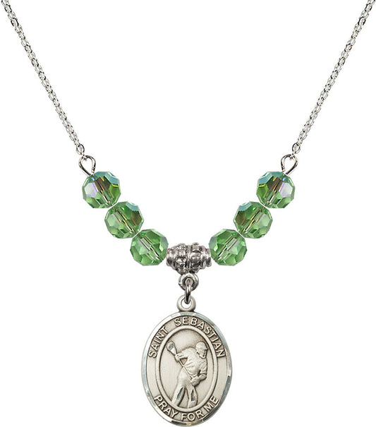 Sterling Silver Saint Sebastian/Lacrosse Birthstone Necklace with Peridot Beads - 8616