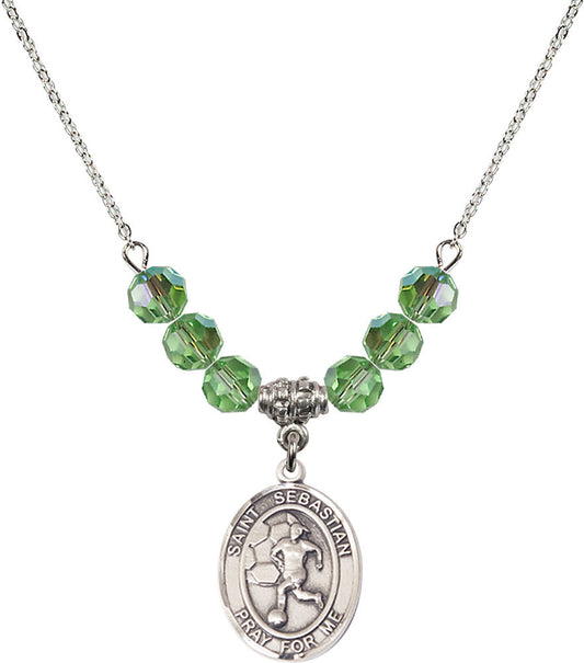 Sterling Silver Saint Sebastian/Soccer-Women Birthstone Necklace with Peridot Beads - 8617