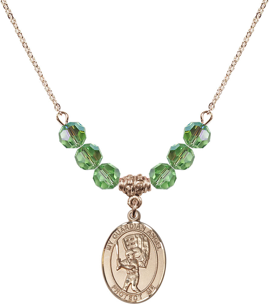 14kt Gold Filled Guardian Angel/Baseball Birthstone Necklace with Peridot Beads - 8700