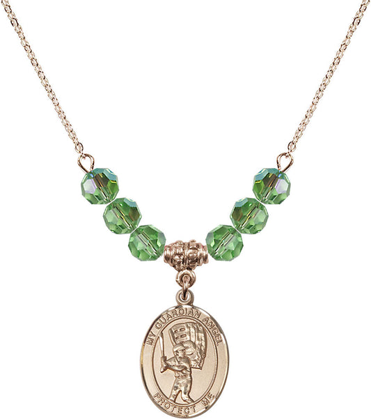 14kt Gold Filled Guardian Angel/Baseball Birthstone Necklace with Peridot Beads - 8700