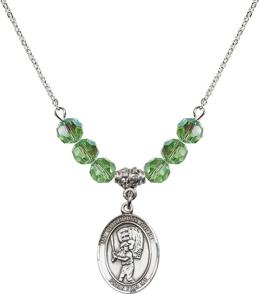 Sterling Silver Guardian Angel/Baseball Birthstone Necklace with Peridot Beads - 8700