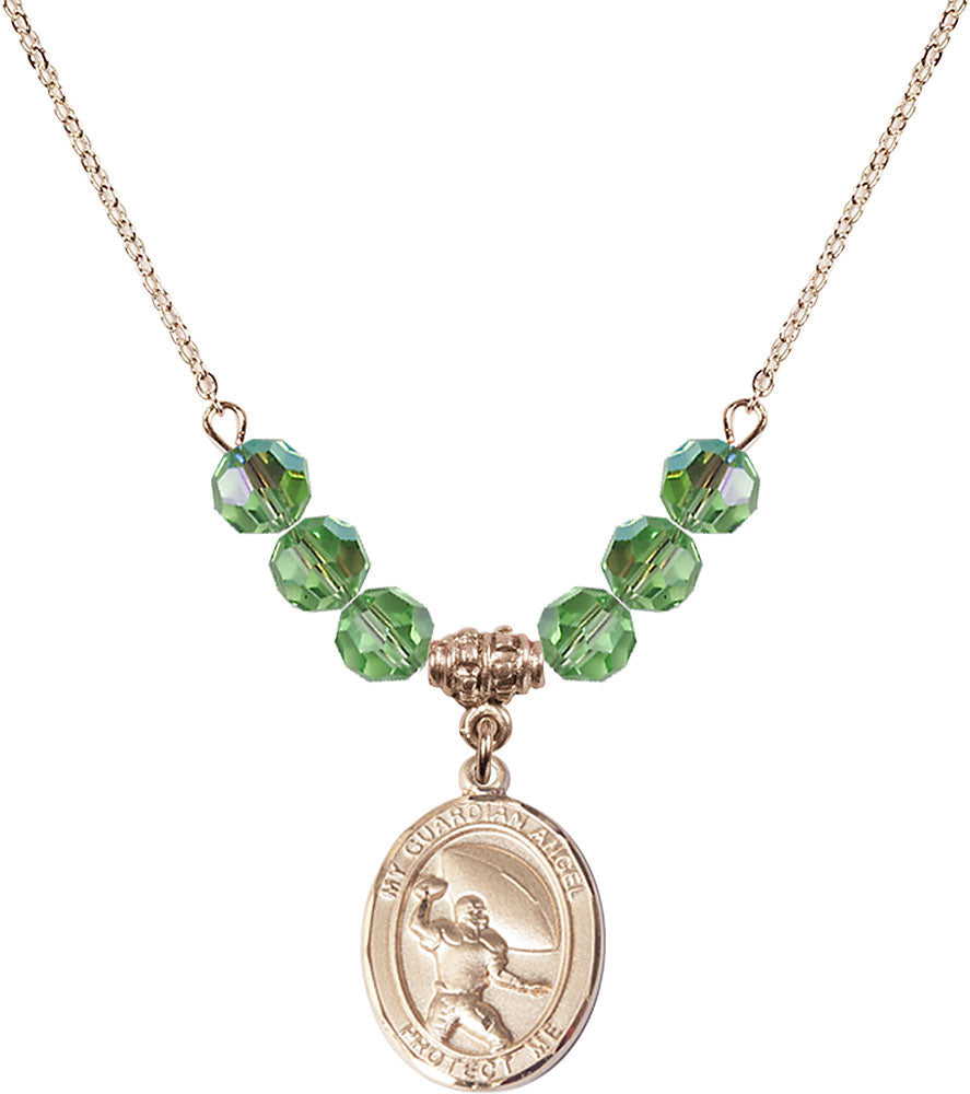 14kt Gold Filled Guardian Angel/Football Birthstone Necklace with Peridot Beads - 8701