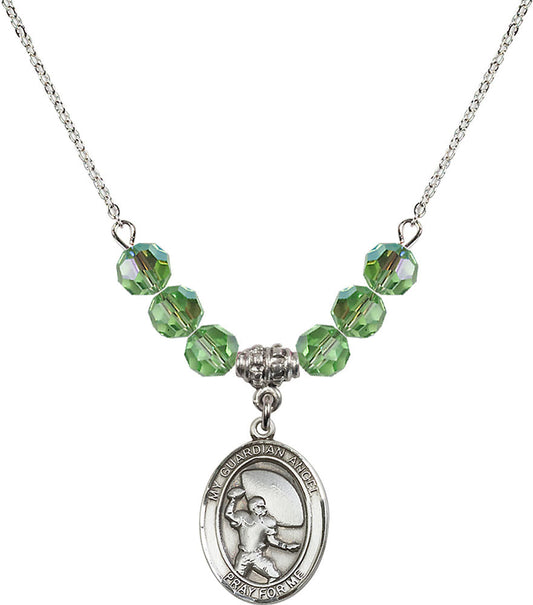 Sterling Silver Guardian Angel/Football Birthstone Necklace with Peridot Beads - 8701
