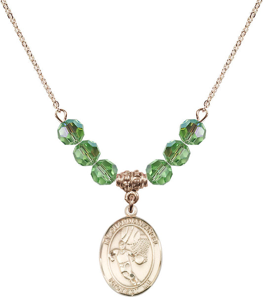 14kt Gold Filled Guardian Angel/Basketball Birthstone Necklace with Peridot Beads - 8702