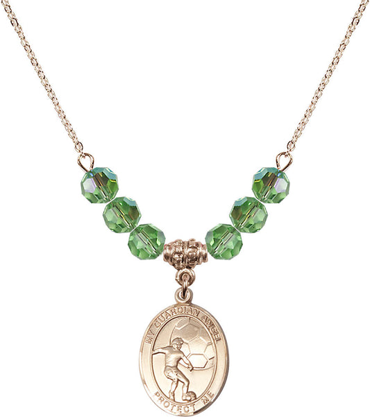 14kt Gold Filled Guardian Angel/Soccer Birthstone Necklace with Peridot Beads - 8703