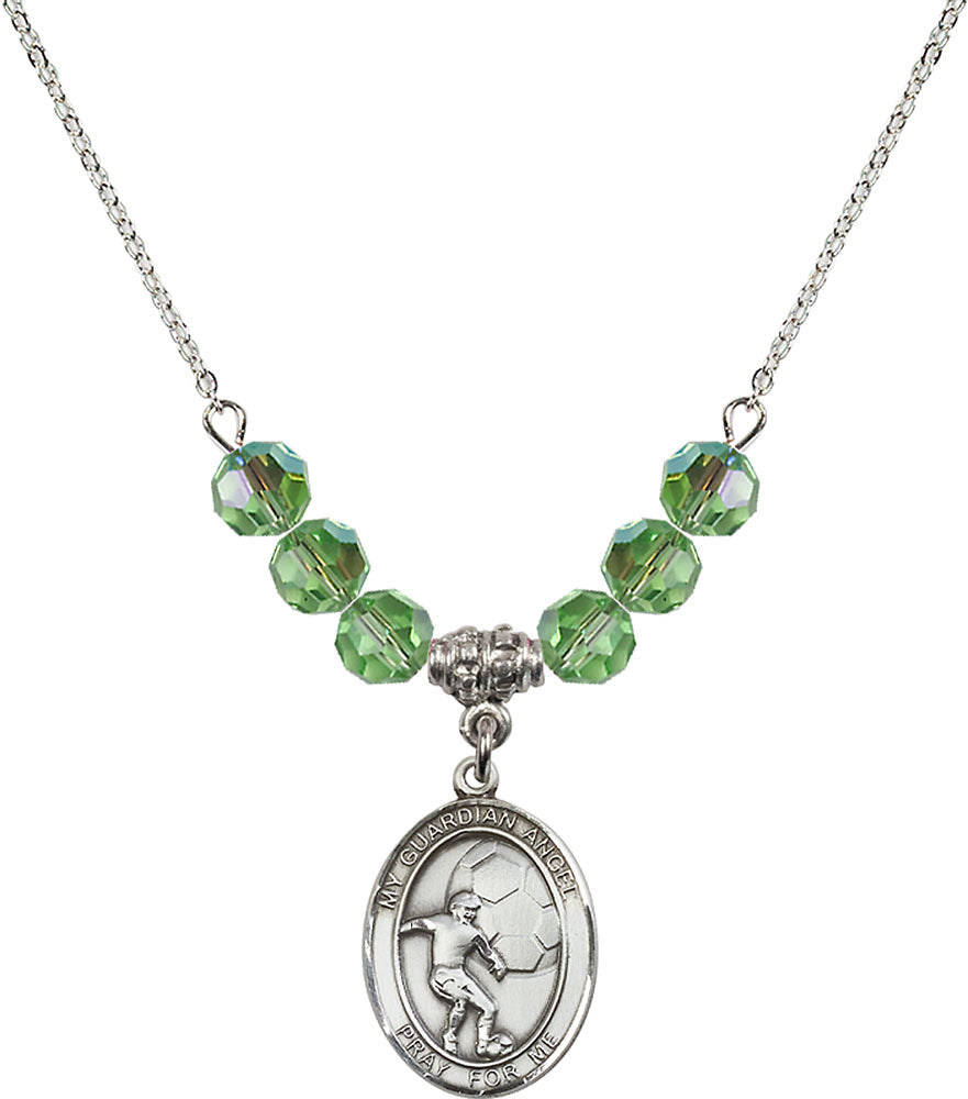 Sterling Silver Guardian Angel/Soccer Birthstone Necklace with Peridot Beads - 8703