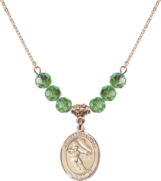 14kt Gold Filled Guardian Angel/Hockey Birthstone Necklace with Peridot Beads - 8704