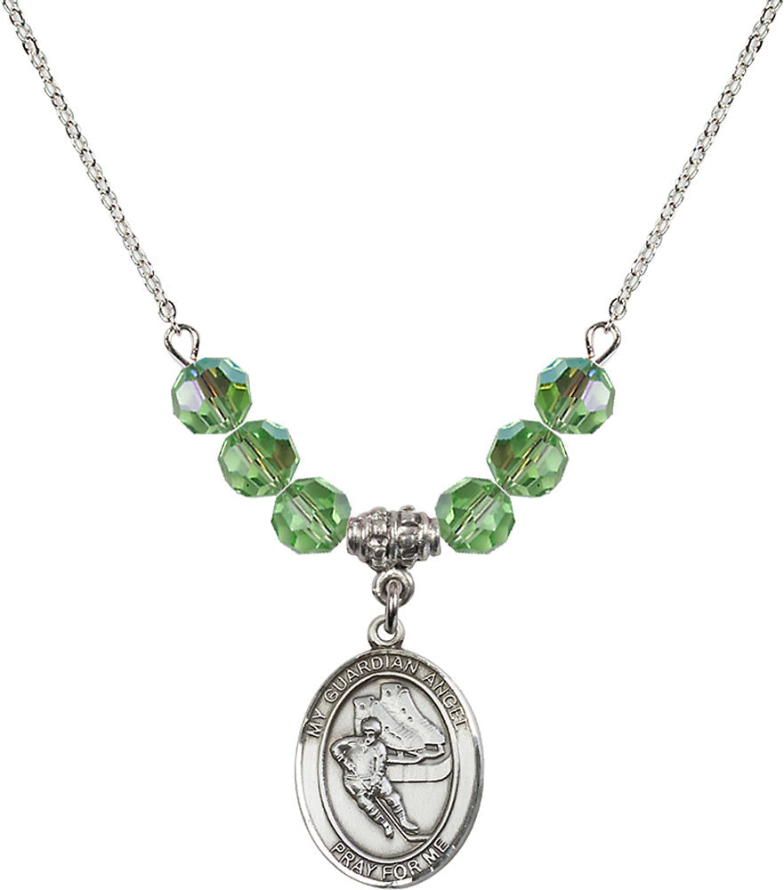Sterling Silver Guardian Angel/Hockey Birthstone Necklace with Peridot Beads - 8704