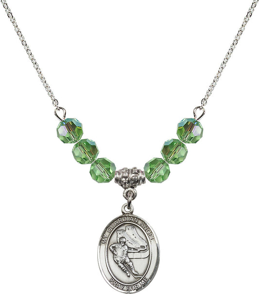 Sterling Silver Guardian Angel/Hockey Birthstone Necklace with Peridot Beads - 8704