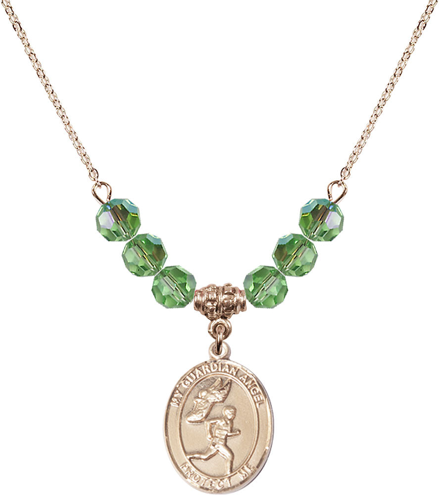 14kt Gold Filled Guardian Angel/Track&Field-Men Birthstone Necklace with Peridot Beads - 8709