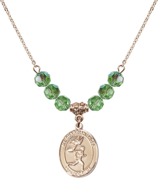 14kt Gold Filled Guardian Angel/Track&Field-Men Birthstone Necklace with Peridot Beads - 8709