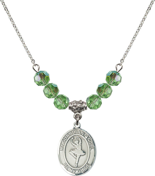 Sterling Silver Guardian Angel/Dance Birthstone Necklace with Peridot Beads - 8712