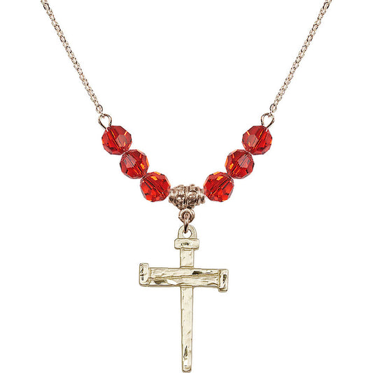 14kt Gold Filled Nail Cross Birthstone Necklace with Ruby Beads - 0013