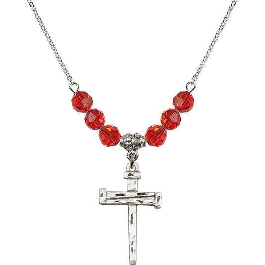 Sterling Silver Nail Cross Birthstone Necklace with Ruby Beads - 0013