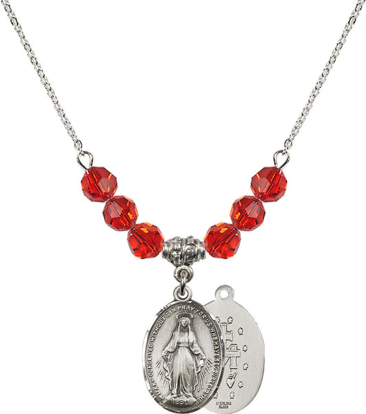Sterling Silver Miraculous Birthstone Necklace with Ruby Beads - 0015