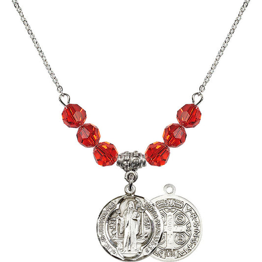 Sterling Silver Saint Benedict Birthstone Necklace with Ruby Beads - 0026