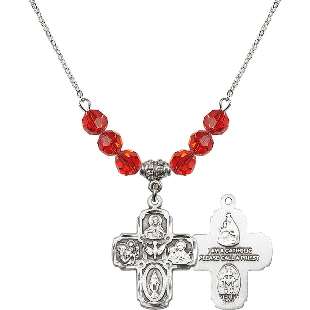 Sterling Silver 5-Way Birthstone Necklace with Ruby Beads - 0041