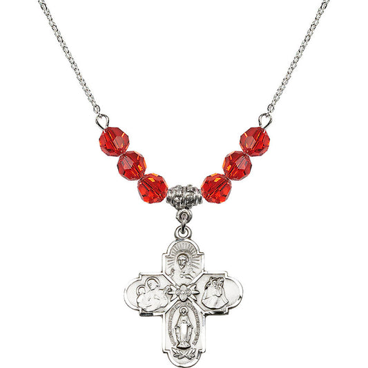 Sterling Silver 4-Way Birthstone Necklace with Ruby Beads - 0043