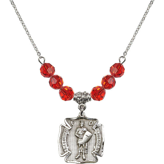 Sterling Silver Saint Florian Birthstone Necklace with Ruby Beads - 0070