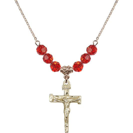 14kt Gold Filled Nail Crucifix Birthstone Necklace with Ruby Beads - 0073